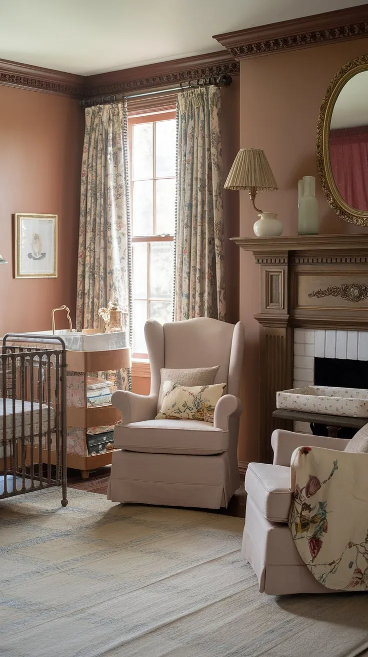 A harmonious blend of eras: a Victorian nursery reimagined. The soft color palette and delicate floral patterns create a serene atmosphere, while the antique furniture and fireplace add a touch of timeless elegance. This space effortlessly combines the best of both worlds, offering a comforting and stylish environment for baby's first years. A