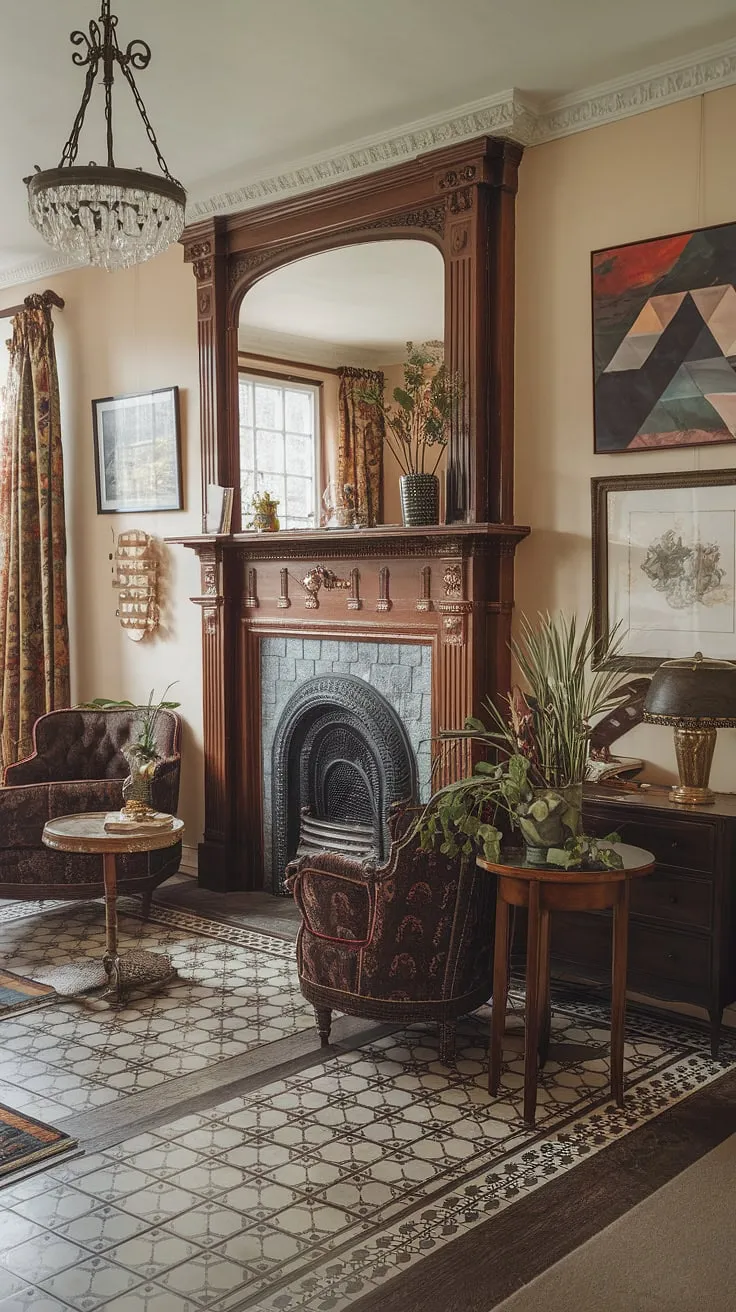 Where history whispers and modern elegance thrives. This Victorian parlor, with its ornate fireplace, patterned floors, and carefully curated artwork, seamlessly blends the grandeur of the past with the sophistication of today. A testament to timeless design, a sanctuary of refined living, and a space where every detail tells a story. A perfect blend of old and new, a celebration of Victorian spirit, and a haven of tranquility.