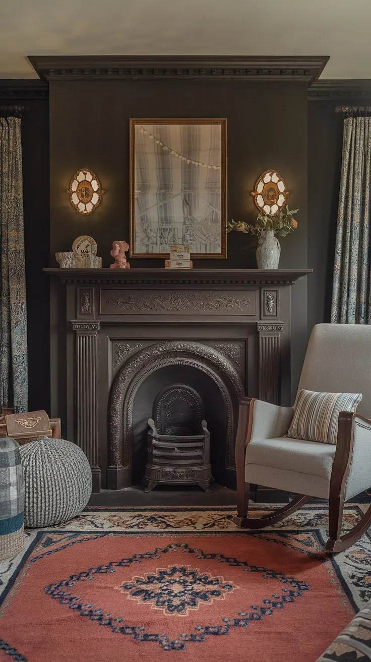 Where old-world charm meets modern comfort. This Victorian nursery, with its richly hued walls and antique fireplace, is a testament to timeless elegance, a space where history whispers and dreams are nurtured. The carefully curated details, from the patterned rug to the inviting rocking chair, create a haven of tranquility and warmth. A perfectly balanced blend of eras.