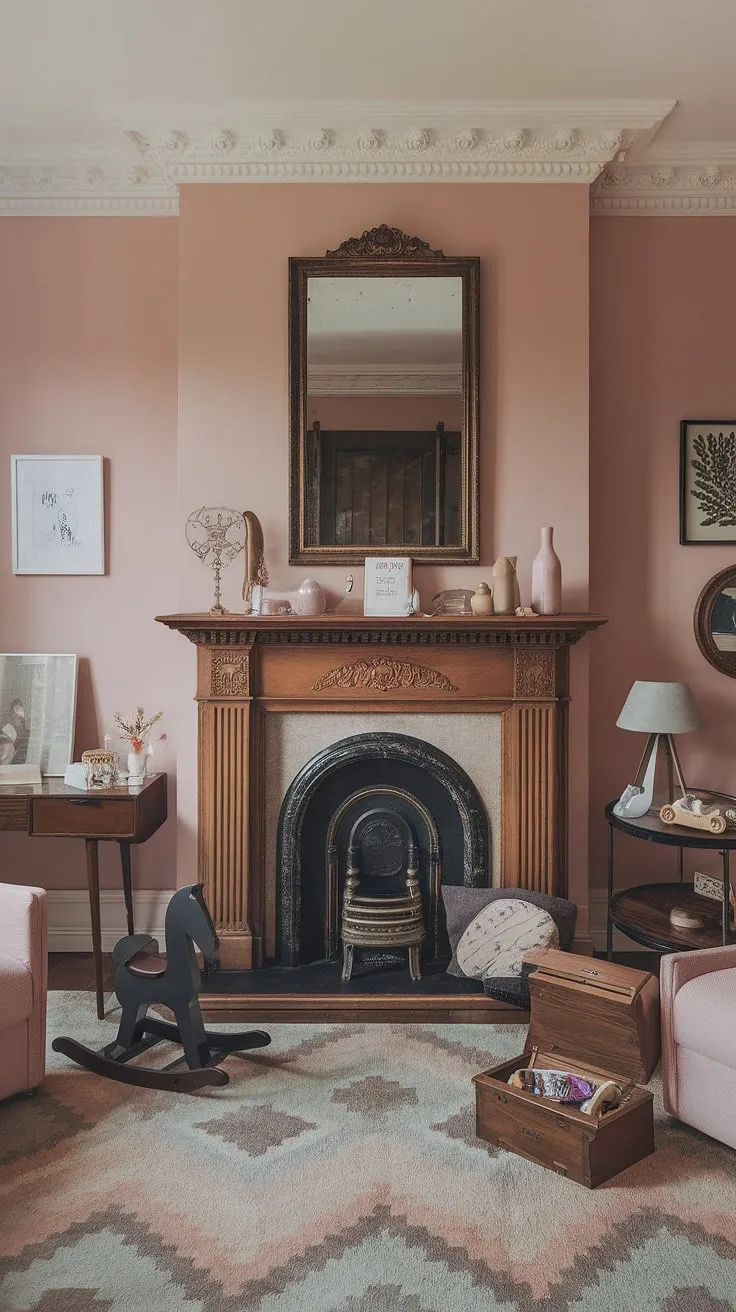 A whimsical blend of eras. This nursery effortlessly unites the grandeur of a Victorian parlor-complete with a magnificent fireplace-with the gentle touch of modern design. A testament to the enduring appeal of classic aesthetics, reimagined for a new generation. A truly enchanting space.