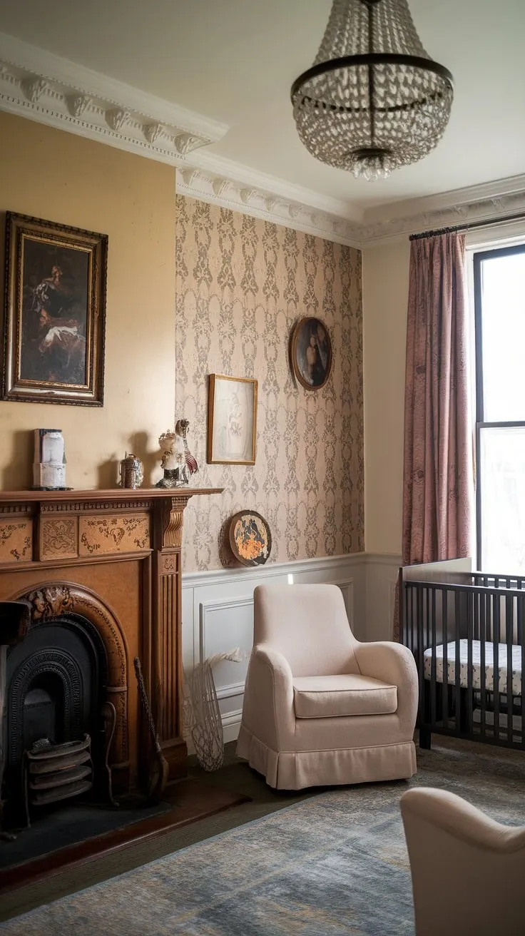 Where old-world charm meets modern comfort. This Victorian nursery seamlessly blends antique elegance with contemporary necessities, creating a space both enchanting and practical for the little one. The result is a haven of sophisticated serenity.