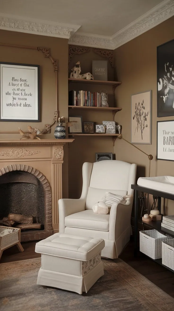 Where modern comfort meets Victorian charm. This nursery seamlessly blends antique elegance with contemporary functionality, creating a space both soothing and stimulating for the little one. The vintage fireplace, rocking chair, and curated artwork tell a story, while the practical change table and bookshelf ensure a harmonious blend of style and practicality. A haven of tranquility, a testament to thoughtful design, and a perfect blend of old and new.