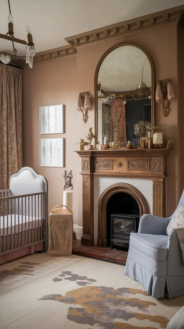 A whimsical blend of Victorian elegance and contemporary simplicity. This nursery's stunning fireplace and antique details are softened by a modern crib and calming color palette. The result? A space that is both timeless and utterly enchanting. A truly unique and inspiring design.
