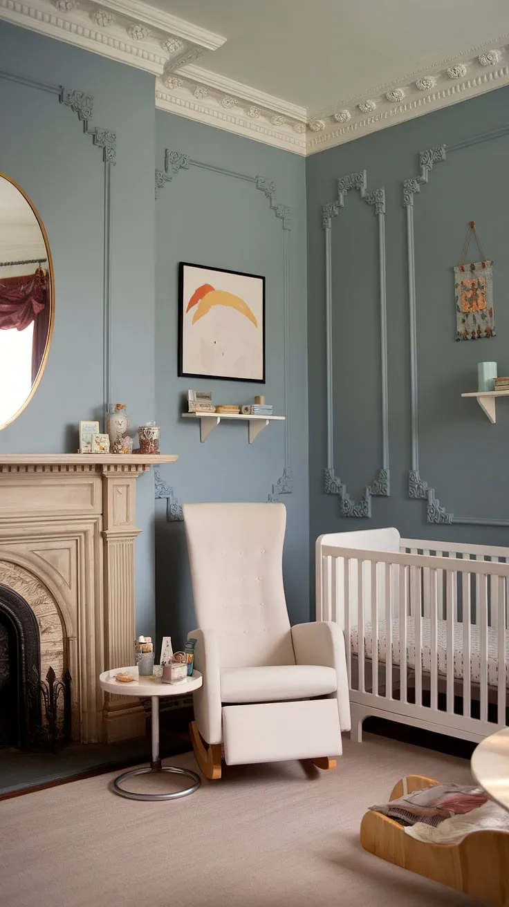 A symphony of eras: a Victorian nursery reimagined. The classic fireplace and intricate molding whisper tales of the past, while the modern crib and rocking chair offer a gentle nod to the present. This thoughtfully curated space, painted in a soothing blue, is a testament to the enduring power of design, a place where history and contemporary style coexist in perfect harmony. A truly unique and enchanting environment for a little one.