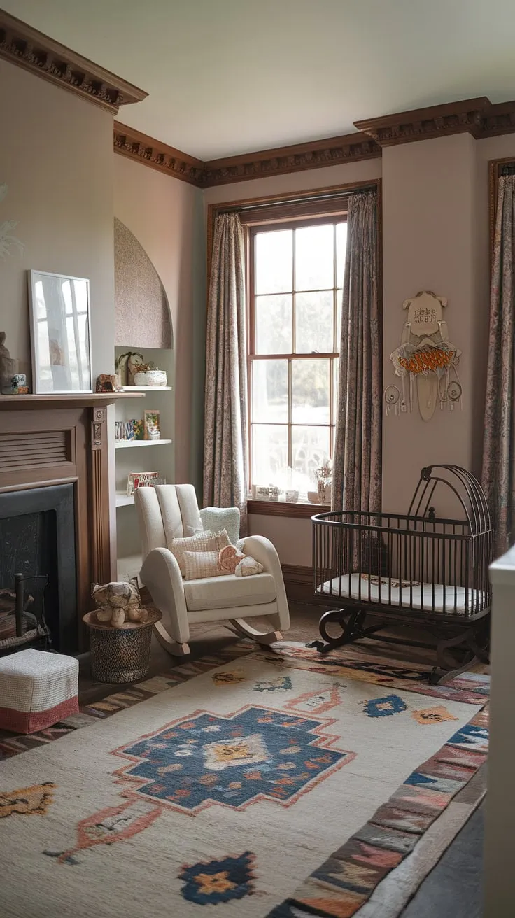 A beautifully restored Victorian nursery, showcasing the delicate balance between heritage and contemporary design. The vintage cradle by the window, alongside modern accents, creates a serene and stylish space for a little one. A testament to the enduring appeal of classic architecture and thoughtful interior design.