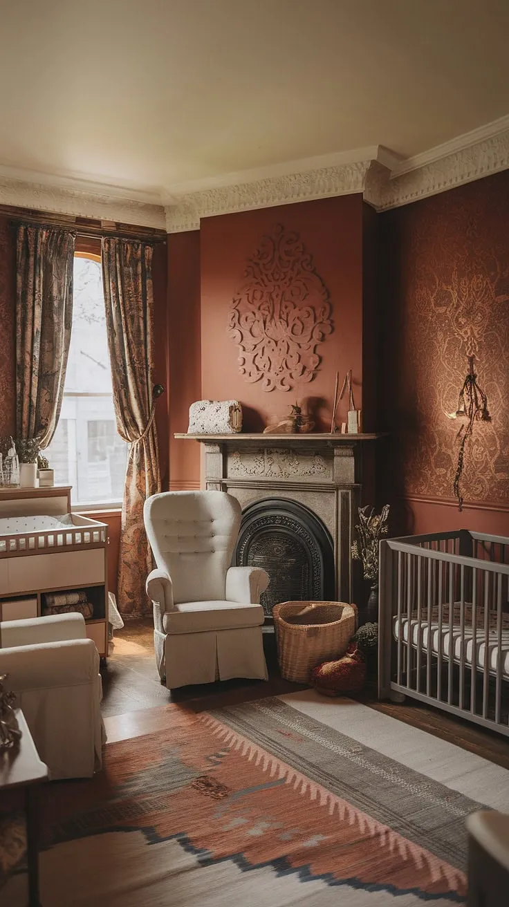 Where old-world charm meets modern comfort. This Victorian nursery seamlessly blends antique elegance with contemporary functionality, creating a space that's both beautiful and practical. The intricate wall patterns, vintage fireplace, and plush rocking chair whisper tales of generations past, while the modern crib and changing table ensure a safe and stylish haven for the newest arrival. A perfect blend of heritage and happy beginnings.