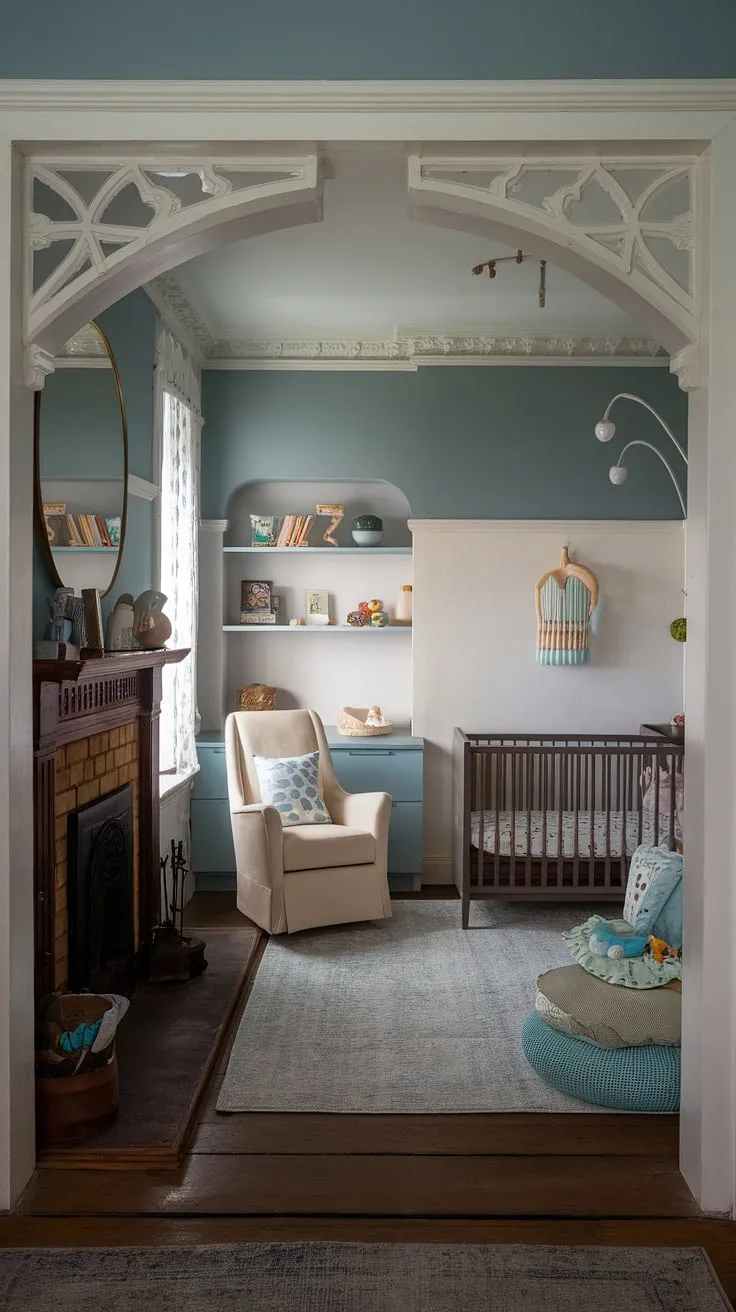 Where old-world charm meets modern comfort. This Victorian nursery, with its elegant fireplace and antique parlor, is a haven of tranquility, perfectly blending the past with the present. The soft blue and white palette, coupled with thoughtfully chosen modern furniture and toys, creates a space that is both beautiful and functional, a testament to the enduring appeal of classic design. A truly enchanting space for a little one to grow.