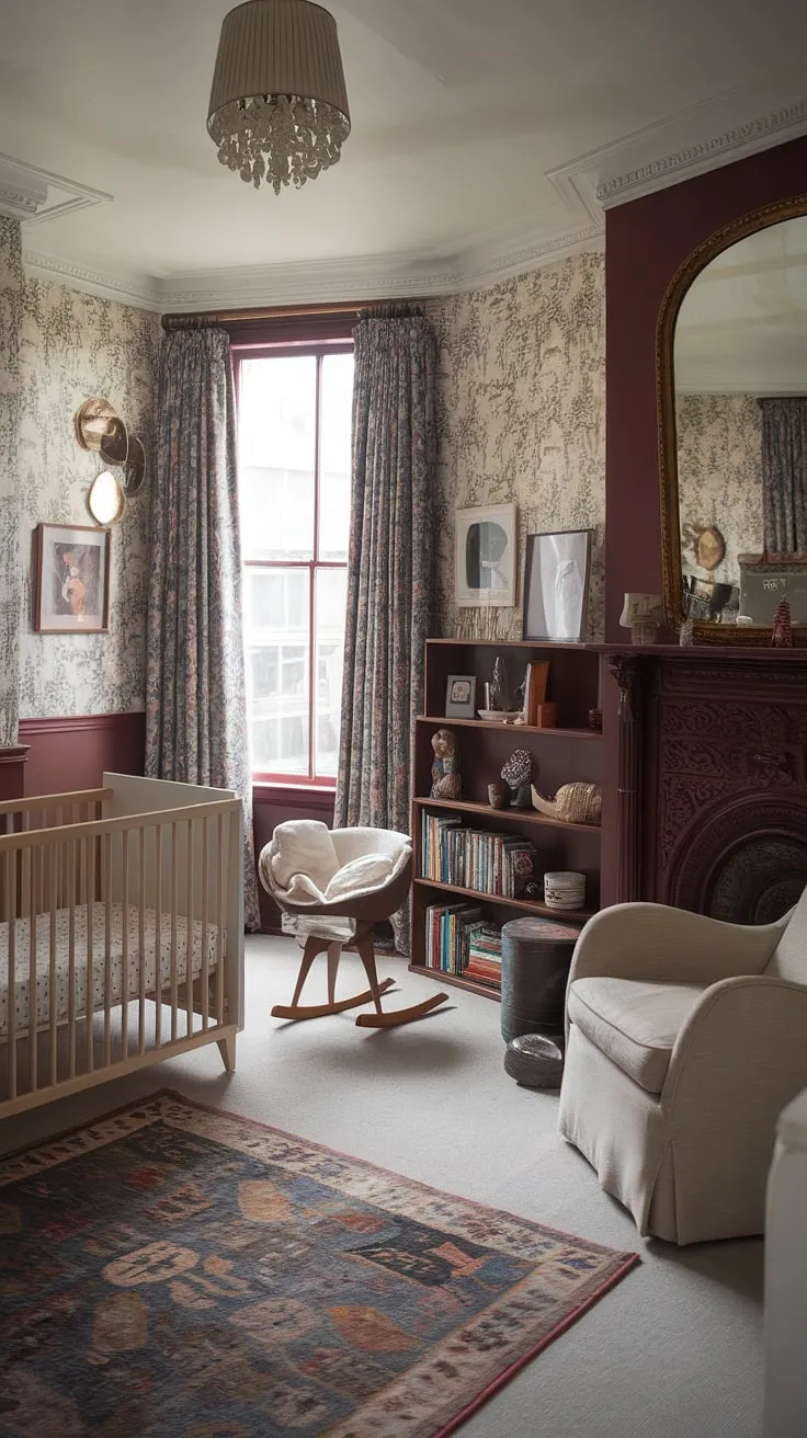 A beautifully restored Victorian nursery, showcasing a harmonious blend of eras. The traditional layout, complete with a fireplace and chandelier, is complemented by modern amenities like a comfortable feeding chair and a stylish crib. A space where history whispers and modern life unfolds, creating a nurturing environment for a new generation. A perfect example of how classic elegance can coexist with contemporary functionality.