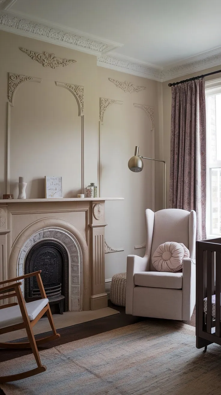 Where old-world charm meets modern comfort. This Victorian nursery, with its ornate fireplace and plush rocking chair, provides a tranquil haven for sweet dreams, a space both timeless and utterly adored.