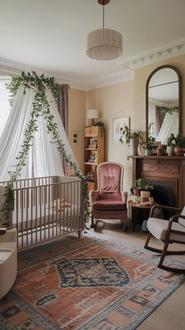 This isn't your grandmother's nursery. A captivating blend of Victorian elegance and contemporary design, this room is a testament to thoughtful curation. From the verdant canopy to the antique fireplace, every detail speaks of a love for both history and modern comfort. A space where childhood memories are made.