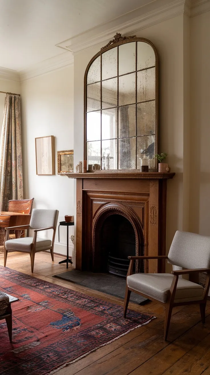 A stunning fusion of eras, this nursery effortlessly unites the grandeur of a vintage living room with the practicality of modern family life. The antique fireplace, a focal point of the room, is complemented by carefully chosen furnishings, creating a space that is both sophisticated and child-friendly. A perfect example of how history and modernity can coexist in perfect harmony.