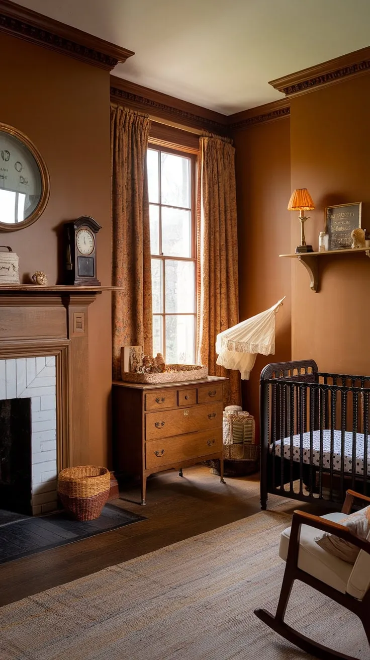 A harmonious blend of eras: a Victorian nursery reimagined. The antique dresser and rocking chair whisper tales of generations past, while the modern crib and soft lighting create a calming atmosphere for today's little one. A space where history and modernity coexist beautifully, offering a unique and comforting environment for baby's first years. A truly special place to grow.
