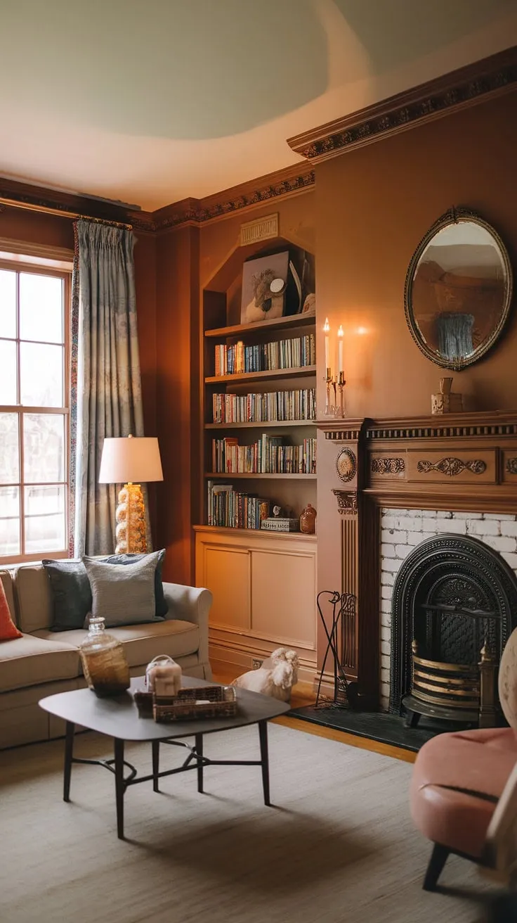 Where Victorian charm meets modern comfort. The warmth of the fireplace, the coziness of the sofa, and the curated bookshelves create a haven of tranquility-a space perfectly balanced between eras. A testament to the enduring appeal of classic design.