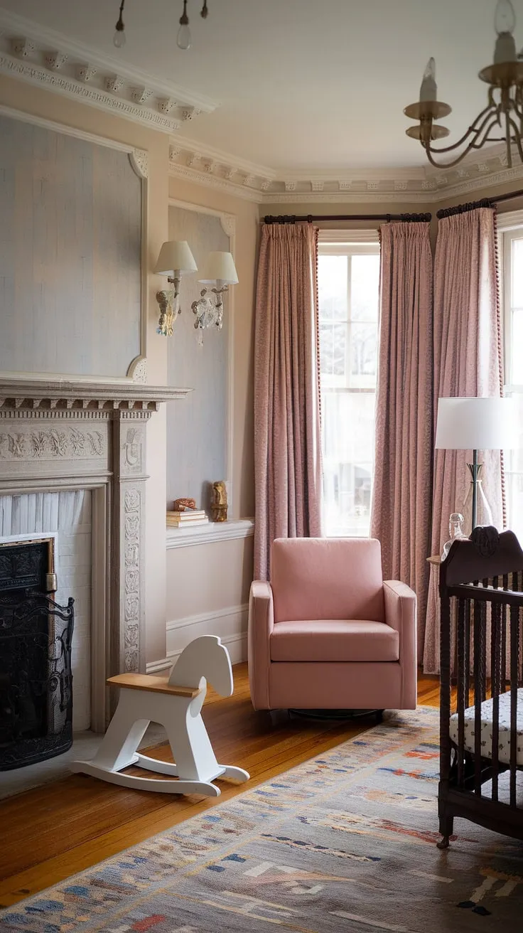 Where old-world charm meets modern comfort. This Victorian nursery, with its antique crib and rocking horse, is beautifully complemented by a plush pink armchair and stylish lighting, creating a space that's both elegant and playfully contemporary. The intricate moldings and patterned walls add to the room's unique character, a testament to thoughtful design and a harmonious blend of eras.