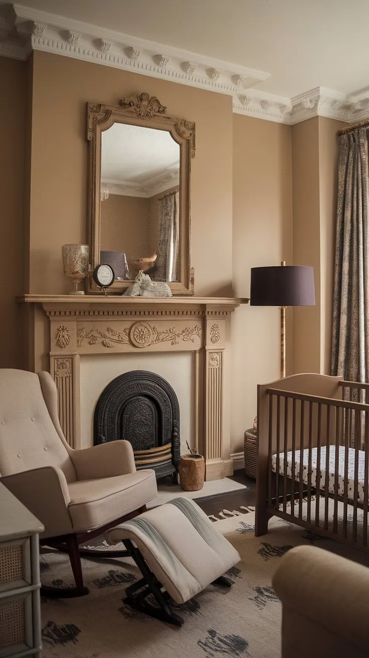 A harmonious blend of Victorian grandeur and modern minimalism. This nursery effortlessly unites the ornate details of a bygone era – the fireplace, the antique furniture – with the clean lines and functionality of contemporary design. The result is a space that's both visually stunning and perfectly suited to the needs of a growing family. A truly unique and inspiring nursery.