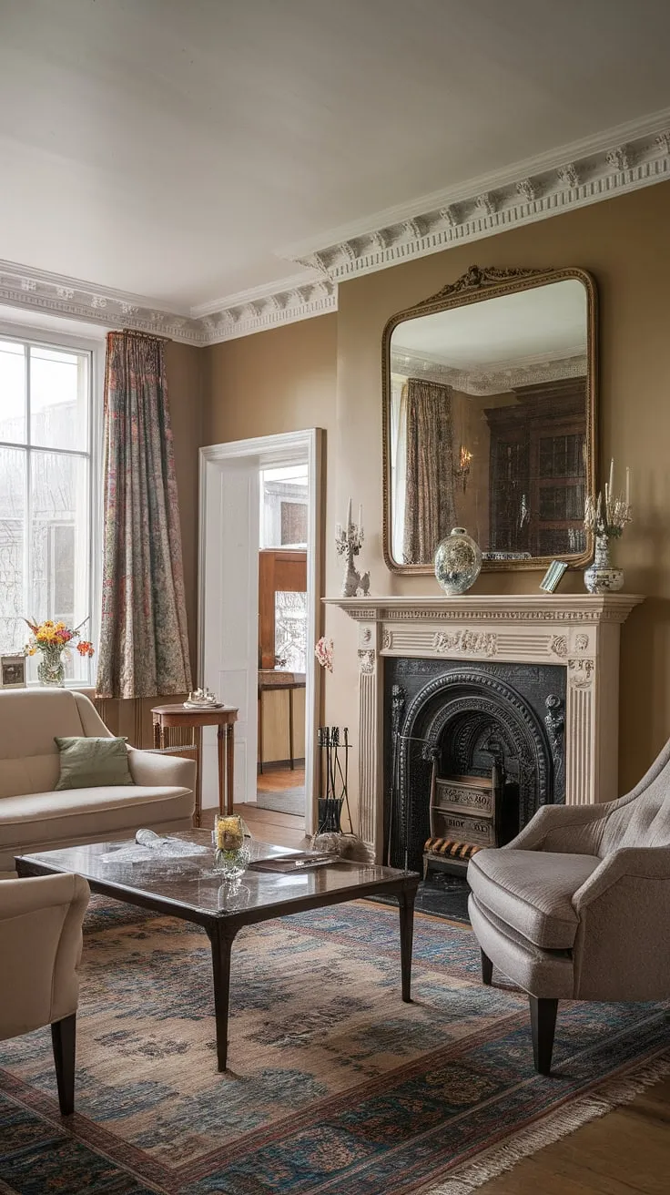Step back in time to this exquisitely preserved Victorian parlor, a testament to elegance and refined taste. The ornate fireplace, classical French details, and the framed photograph of another Victorian scene all contribute to a captivating atmosphere of bygone grandeur. A true masterpiece of Victorian modern interior design.