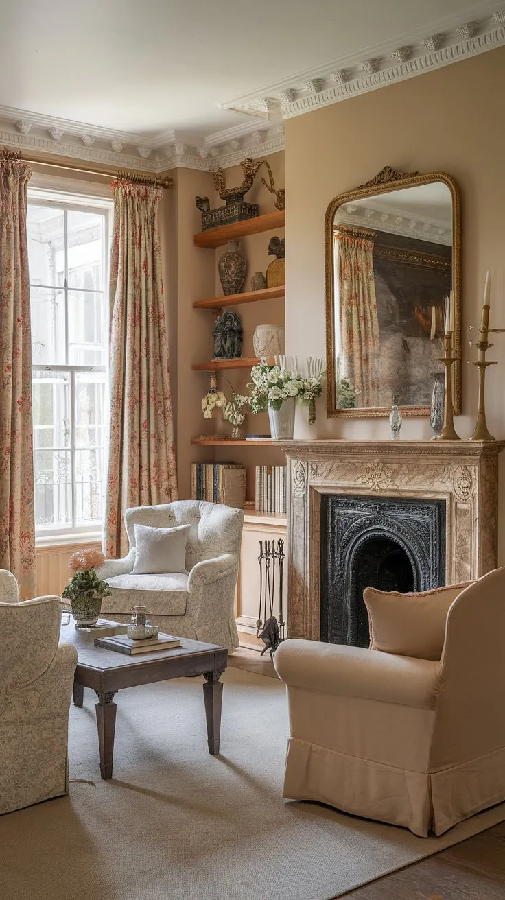 Lost in the opulent embrace of a Victorian mansion's living room. The interplay of classical French interior design and modern sensibilities creates a captivating atmosphere. Every detail, from the ornate fireplace to the carefully chosen furnishings, speaks to a legacy of artistry and grace.