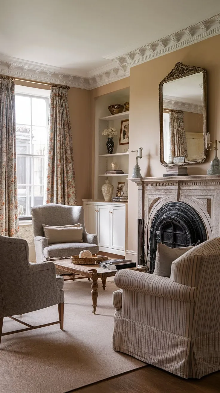 A symphony of textures and rich detail unfolds in this Victorian living room. The classical French influences are evident in the refined furnishings and graceful lines, while the imposing fireplace anchors the space. A perfect example of how historical design can be reimagined for modern living, it's a room that captivates the senses.