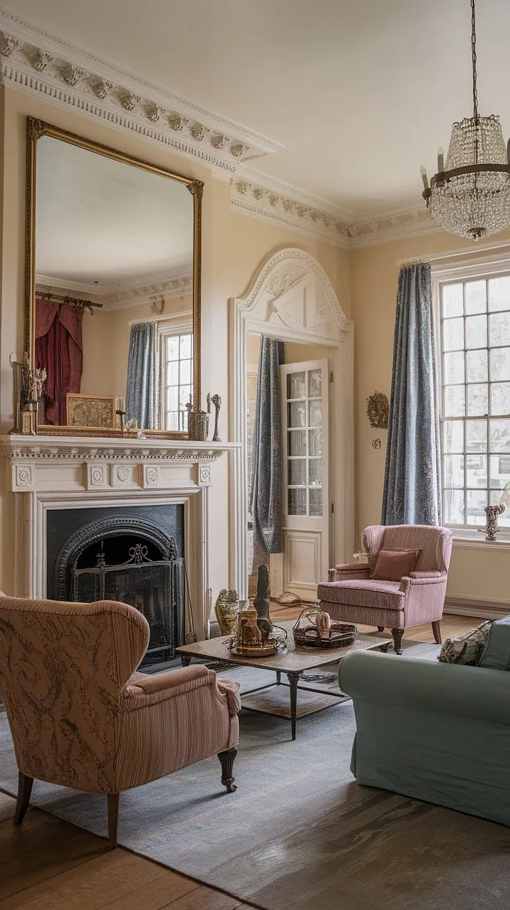 A breathtaking Victorian parlor, showcasing the exquisite detail of a bygone era. The classical French interior design elements, from the intricate moldings to the magnificent chandelier, create an atmosphere of refined luxury. A perfect blend of history and modern comfort, this room is a true masterpiece, a testament to the enduring allure of Victorian design.
