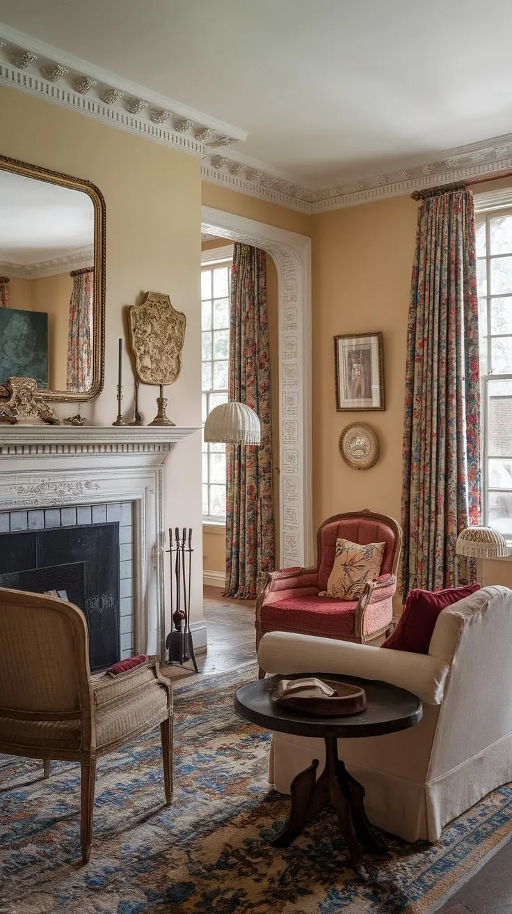 A symphony of style unfolds in this Victorian parlor, a harmonious blend of classic French and Victorian aesthetics. The fireplace, a majestic centerpiece, anchors the room, its warmth radiating through the carefully curated furnishings. A perfect example of how history and design can intertwine to create a space of unparalleled charm and sophistication. A true masterpiece of interior design.