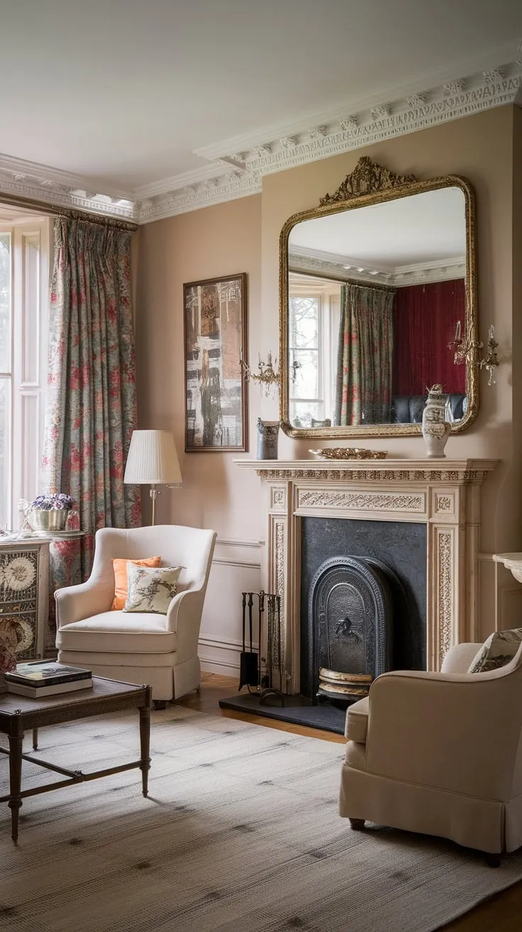 This Victorian living room effortlessly marries the grandeur of a vintage mansion with the clean lines of modern interior design. The classical French elements, including the fireplace, are beautifully complemented by contemporary touches, creating a truly unique and captivating space.