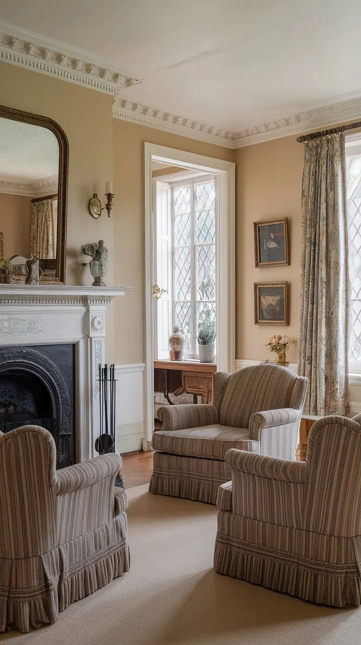 A symphony of textures and light dances within this Victorian parlor. The carefully curated furnishings, from the fireplace's majestic presence to the delicate flourishes of the French-inspired décor, create a space of unparalleled charm. A true masterpiece of Victorian interior design.