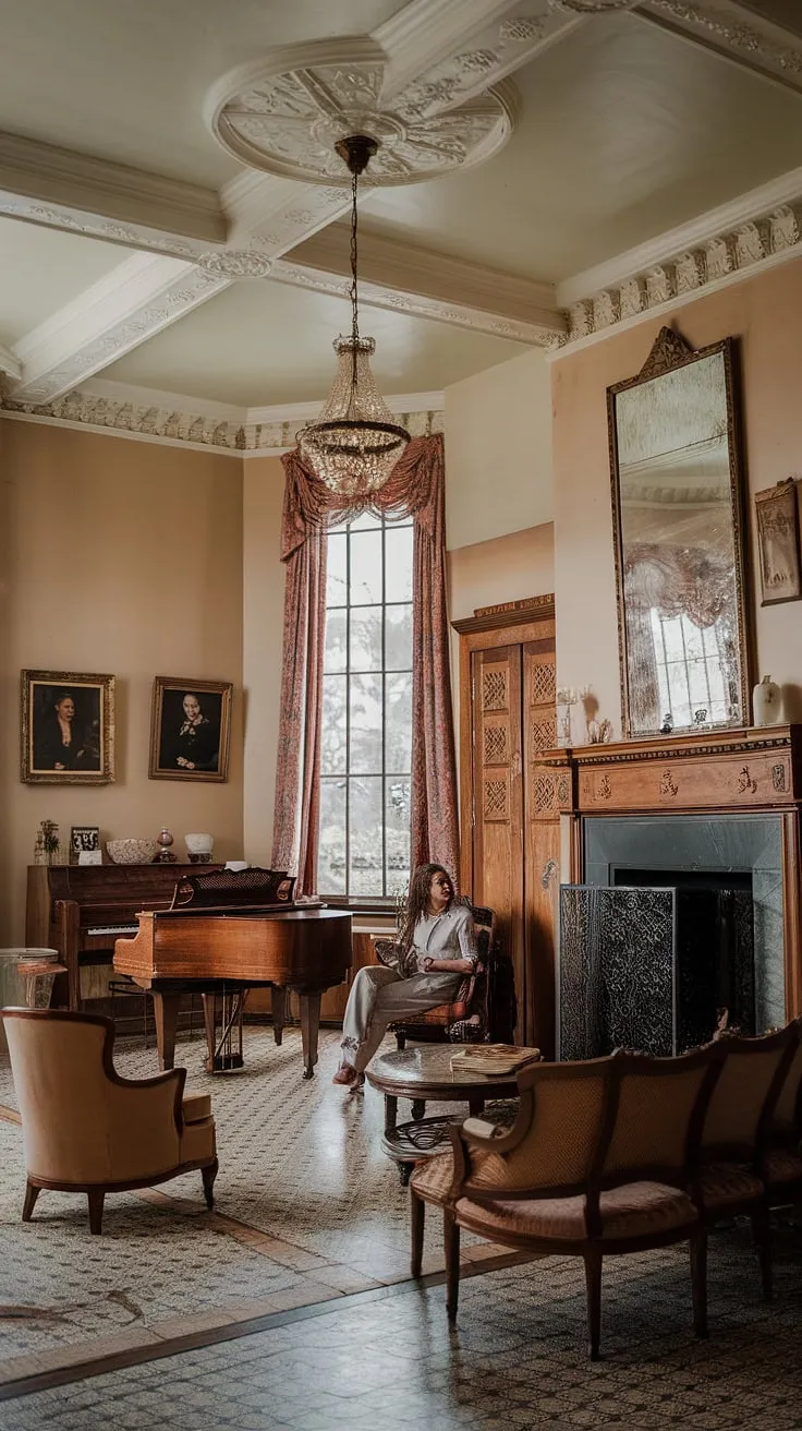 The grandeur of this Victorian parlor is breathtaking. Intricate details, from the high ceilings and patterned floors to the antique furniture and portraits adorning the walls, create an atmosphere of refined elegance. A woman sits quietly by the grand piano, a perfect complement to the room's timeless beauty, a scene frozen in a moment of peaceful contemplation.