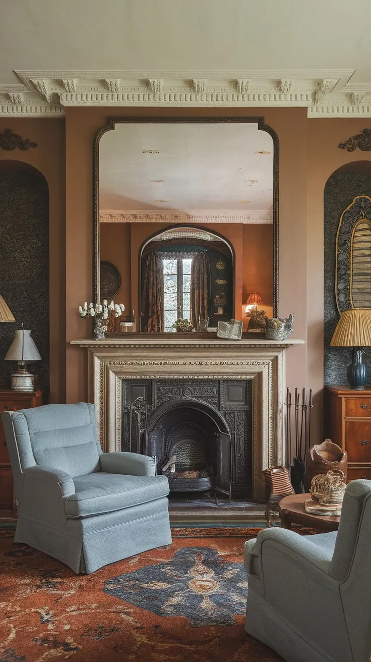 Lost in the opulent embrace of a Victorian mansion's living room. The rich textures, the grandeur of the fireplace, and the subtle hints of classical French design combine to form a captivating scene of refined beauty and historical charm. A testament to enduring elegance.