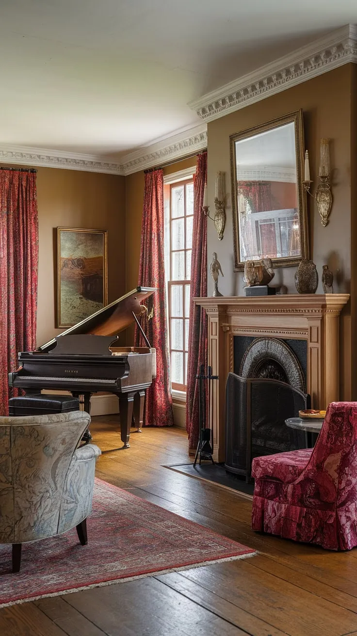 A symphony of Victorian grandeur unfolds in this meticulously preserved parlor. The warm glow of the fireplace, the polished gleam of the grand piano, and the detailed artwork on the walls all contribute to an ambiance of sophisticated charm. A perfect blend of classic and modern, this space offers a glimpse into a bygone era of refined living, a true masterpiece of design.