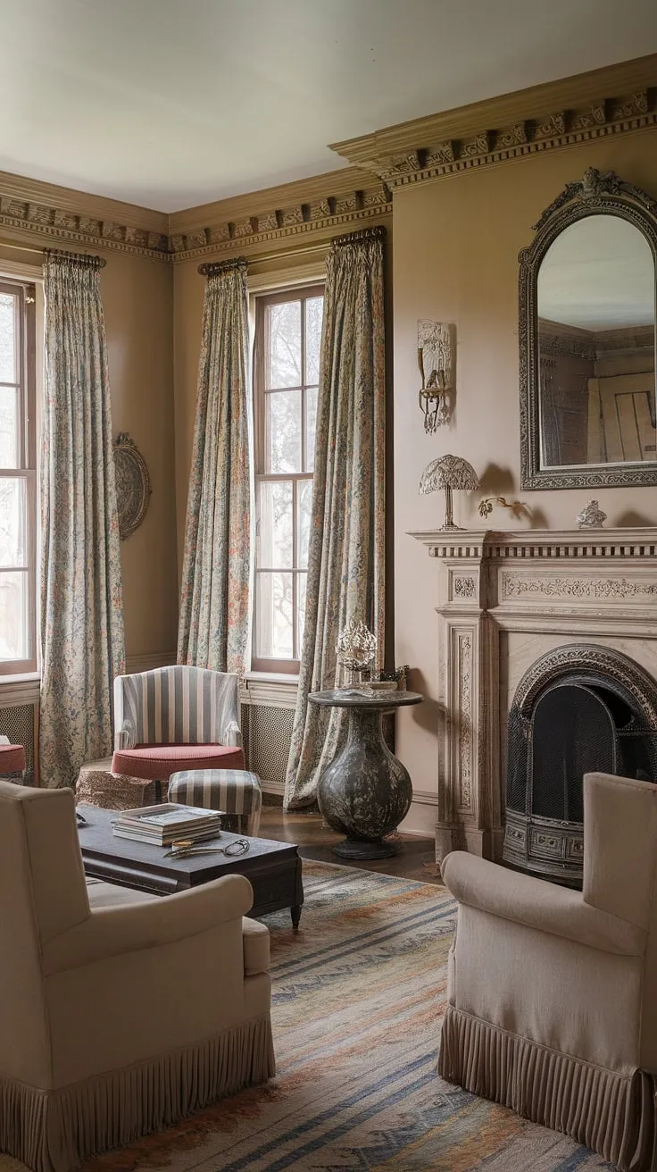 Step back in time to this exquisitely preserved Victorian parlor, where the rich textures and elegant lines of classical French and Victorian modern design intertwine seamlessly. The grandeur of the fireplace is a focal point, hinting at countless stories whispered within these walls. A testament to a bygone era of refined taste.