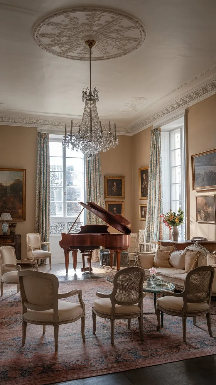 Step into a world of timeless elegance. The intricate plasterwork, grand piano, and opulent furnishings of this classical French mansion living room whisper tales of bygone eras, a testament to enduring beauty and refined taste. A symphony of textures and light dances across the space, creating an atmosphere of captivating serenity. A perfect setting for whispered conversations and cherished memories.