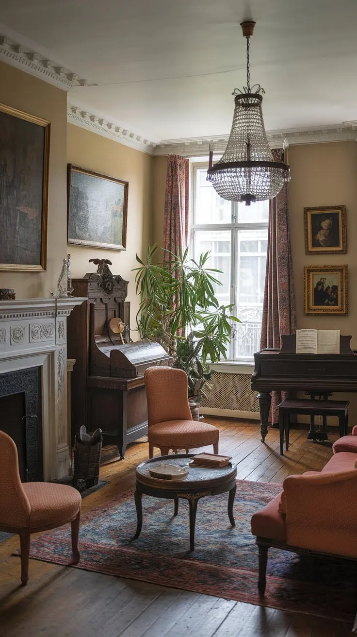 Step into a bygone era of elegance and grace. This Victorian parlor, with its grand piano, ornate chandelier, and classical French-inspired details, whispers tales of lavish gatherings and refined living. The warmth of the fireplace and the soft light filtering through the window create an atmosphere of timeless beauty. A testament to a time of exquisite craftsmanship and sophisticated taste.