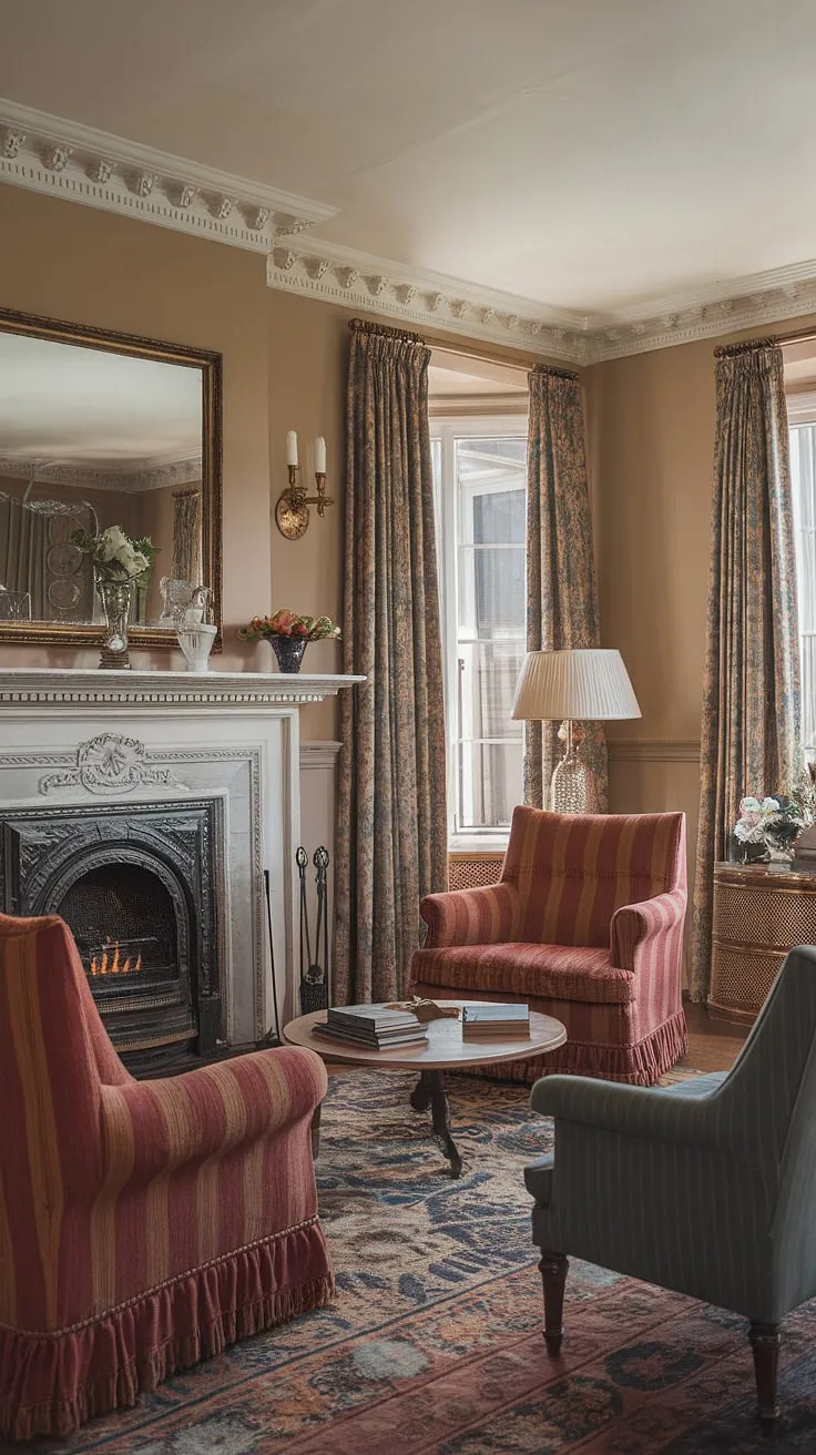 Step into a world of timeless elegance. This Victorian parlor, with its classical French influences and modern touches, whispers stories of bygone eras while embracing contemporary comfort. The fireplace, a focal point of warmth and history, anchors the room's captivating atmosphere. A truly remarkable space.