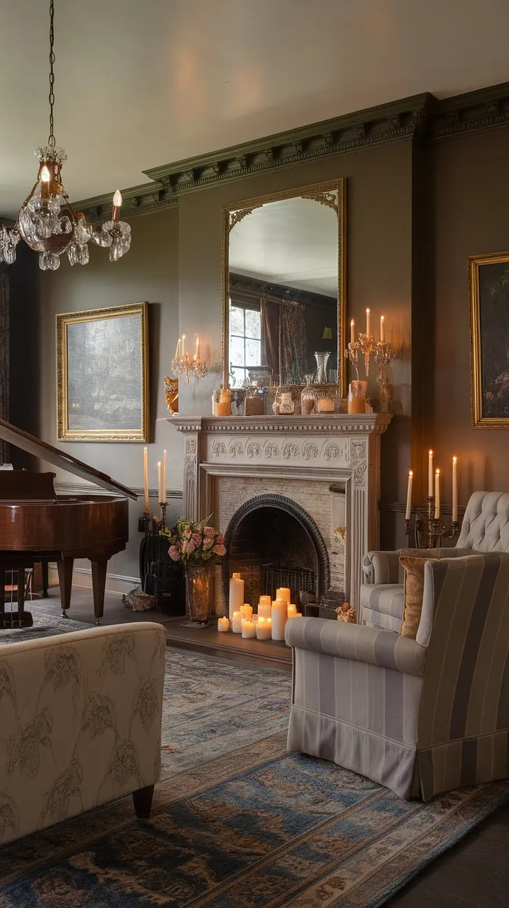 Lost in the opulent embrace of a Victorian parlor, where the warmth of the fireplace meets the shimmering light of a grand chandelier. A symphony of textures and tones, this room is a masterpiece of classical design, a haven of tranquility and refined beauty. A true reflection of Victorian opulence.