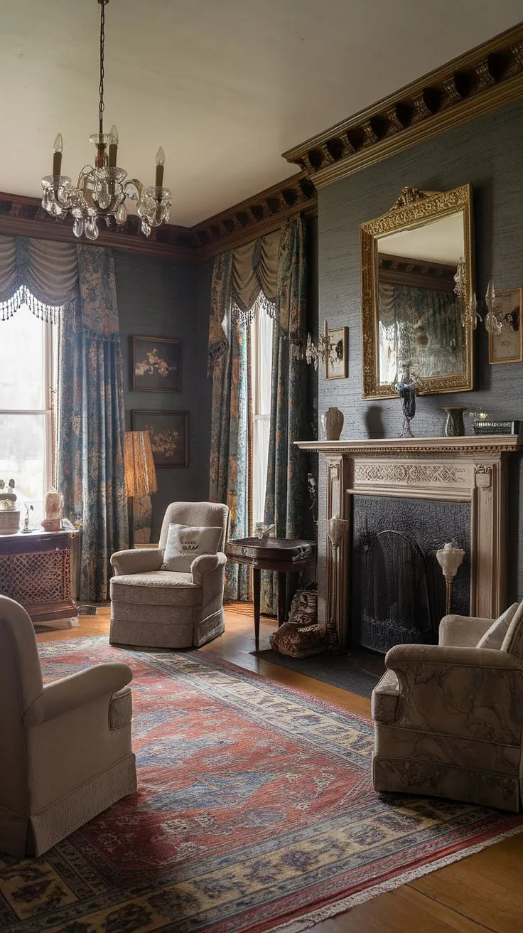 Lost in the captivating details of this Victorian parlor. A symphony of textures, from the plush rug underfoot to the intricately carved furniture, creates a haven of warmth and sophistication. The artwork adorning the walls adds a layer of intrigue, while the soft glow of the chandelier casts a magical ambiance. A sanctuary of refined beauty.
