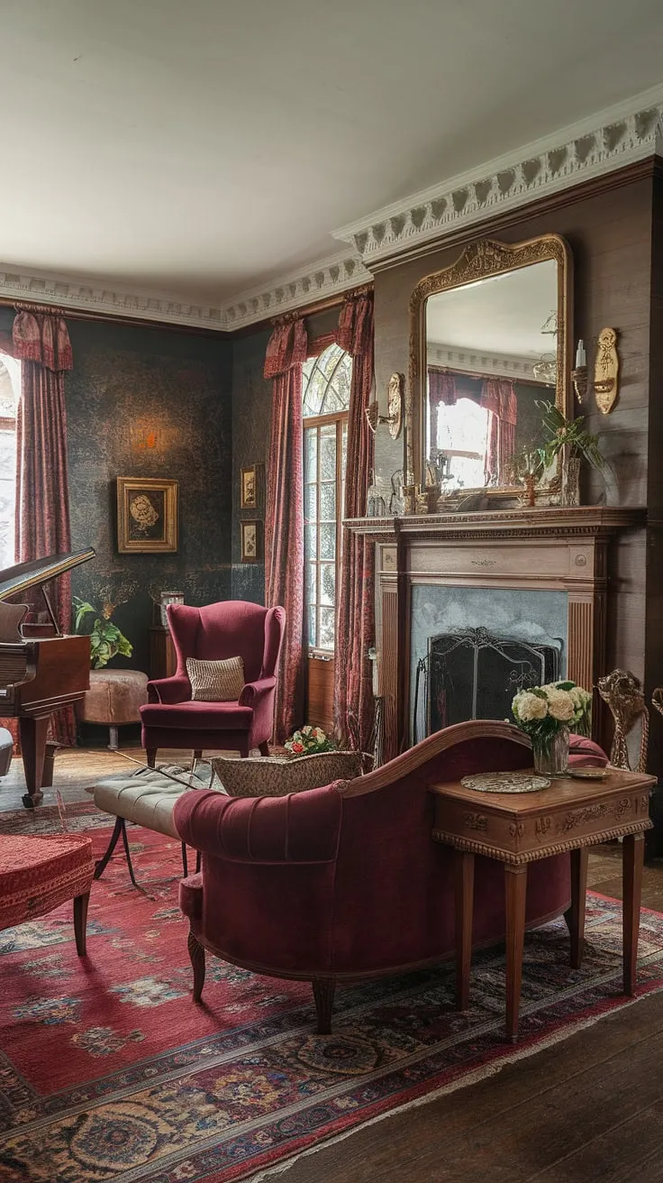 Step into a world of timeless elegance, where the rich textures of velvet and the warmth of a crackling fireplace create an atmosphere of refined comfort. A symphony of Victorian grandeur unfolds, from the majestic piano to the intricate details adorning every surface. A testament to a bygone era, this parlor whispers stories of lavish gatherings and cherished memories.