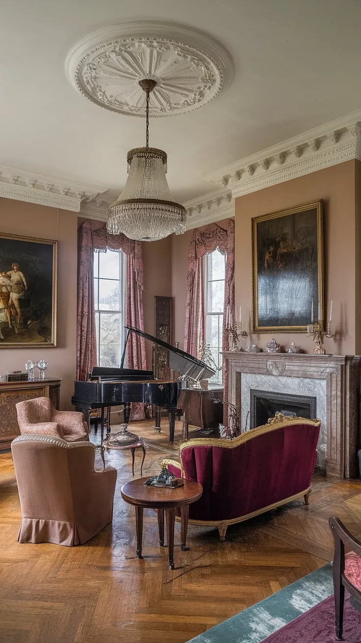 A symphony of Victorian charm unfolds in this magnificent parlor. The high ceilings, intricate details, and rich textures create an atmosphere of unparalleled sophistication. From the gleaming parquet floors to the majestic fireplace, every element speaks to a legacy of refined taste. A true masterpiece of interior design, this room is a captivating glimpse into a world of elegance and grace.