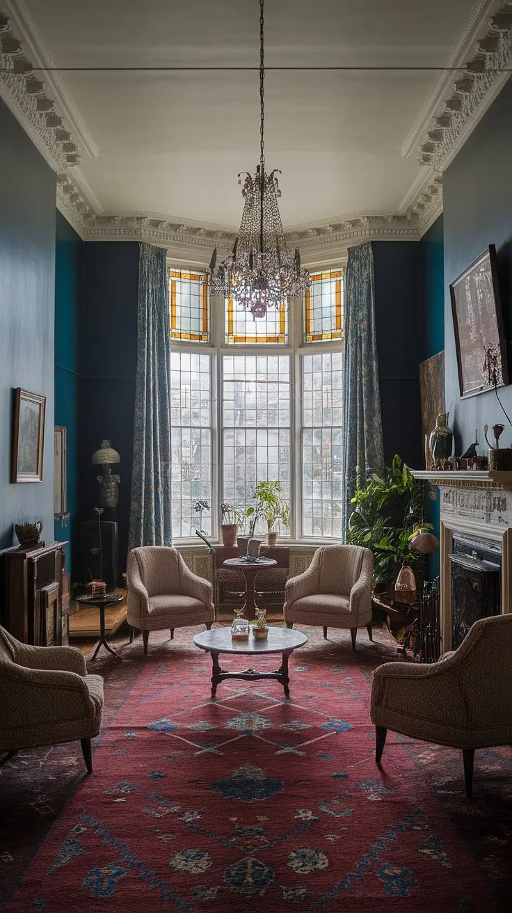 Lost in the captivating allure of this Victorian parlor. A symphony of rich textures and colors-from the deep blue walls to the patterned rug-creates a haven of sophisticated comfort. The stained-glass window casts a magical light, illuminating the antique furniture and adding to the room's enchanting ambiance. A truly unforgettable space.