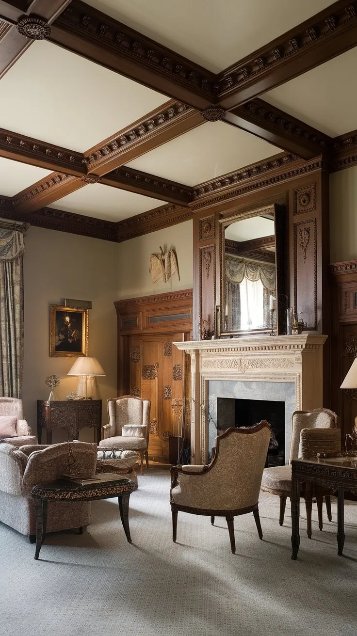 The ornate fireplace, a focal point of breathtaking detail, anchors this exquisite Victorian living room, its French classical influences subtly woven throughout the intricate woodwork and carefully chosen furnishings. A symphony of textures and rich tones, this room is a testament to the enduring allure of classic design. A perfect blend of history and artistry, a space where time seems to stand still.