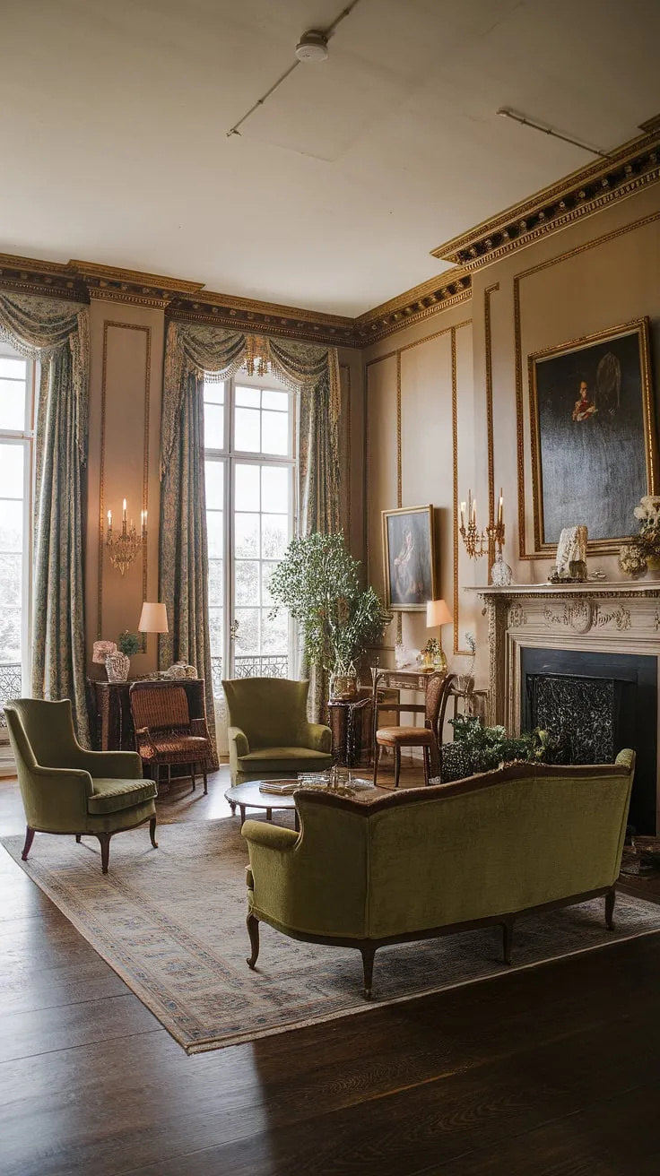 Lost in the opulent details of this French-inspired Victorian parlor. The rich textures, from the dark wood floors to the velvety seating, create an atmosphere of timeless charm. A perfect sanctuary for quiet reflection and cherished moments.