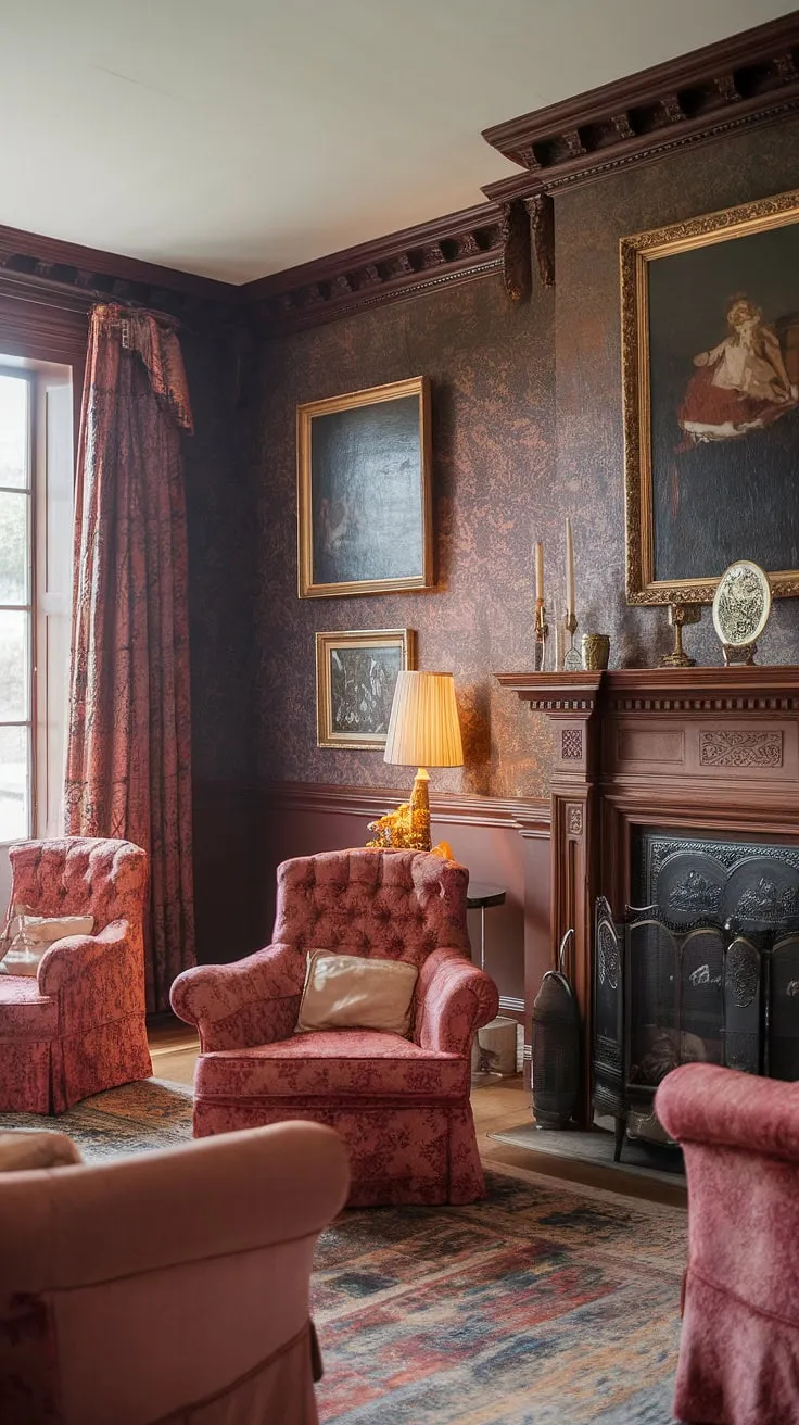 Step into a world of timeless elegance. This Victorian parlor, with its richly patterned wallpaper, classical paintings, and magnificent fireplace, whispers tales of bygone eras. A testament to refined taste and enduring beauty, it's a space where history and comfort intertwine. A truly captivating scene, filled with the grandeur of a bygone age.