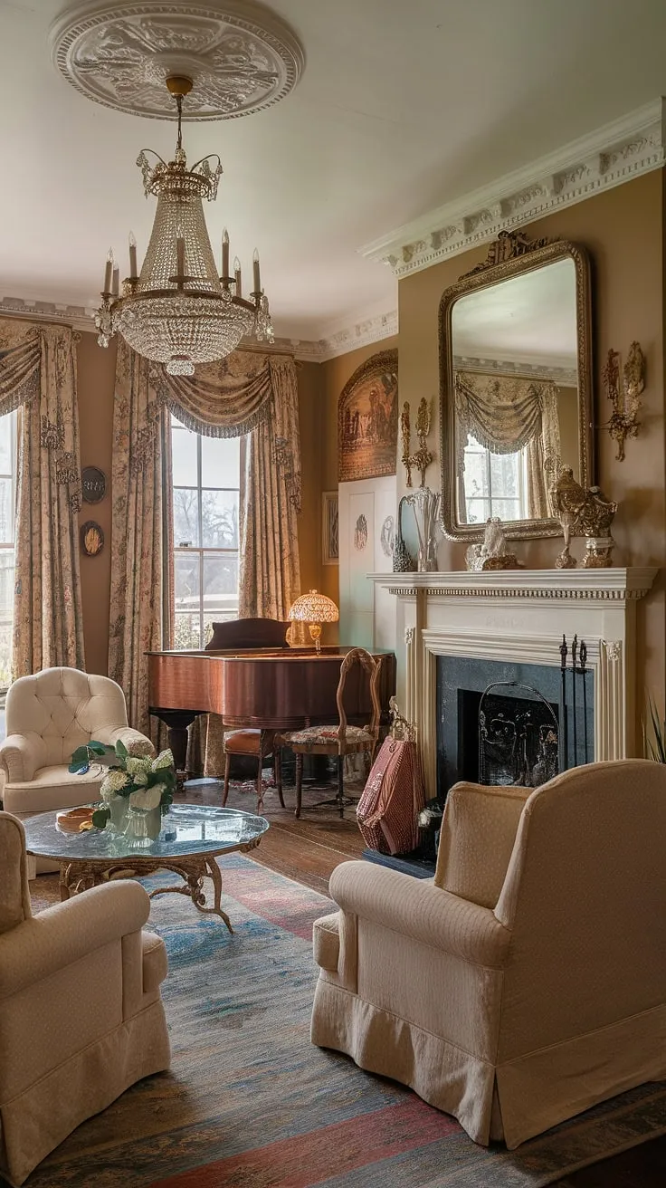 Step back in time to a bygone era of elegance and grace. This Victorian parlor, with its grand piano, ornate furniture, and shimmering chandelier, whispers tales of lavish gatherings and refined tastes. The classical French wall decor adds a touch of continental flair, completing this breathtaking scene. A testament to a time of unparalleled artistry and craftsmanship, this room is a true masterpiece.