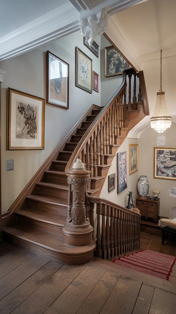Step back in time and wander through this elegant Victorian hallway. The rich wood, ornate banister, and carefully curated artwork whisper tales of a bygone era, a testament to the enduring beauty of traditional design. A sense of history permeates every detail, from the gleaming floorboards to the softly glowing chandelier above.