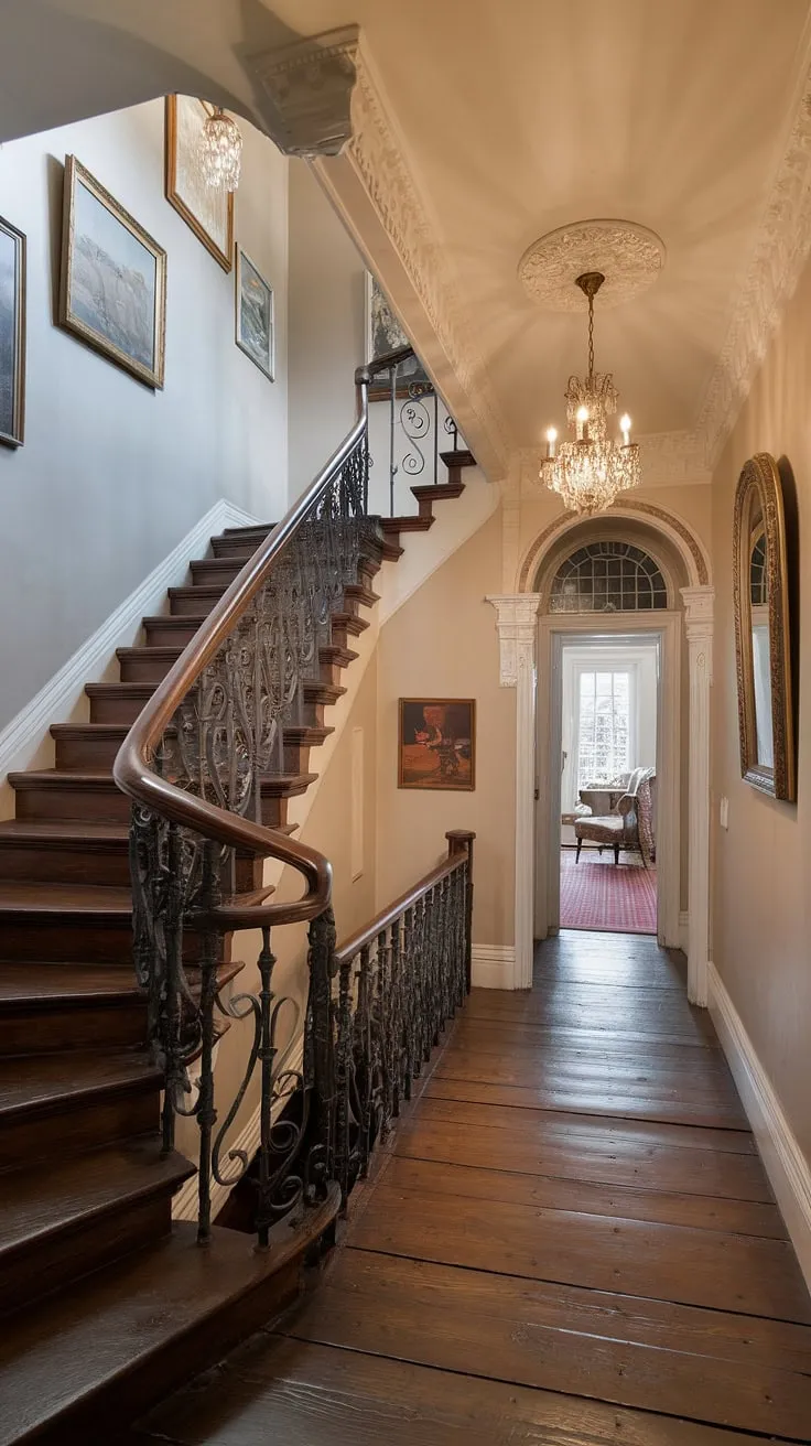A captivating hallway, bathed in the soft light filtering through the upper windows. The ornate staircase, a masterpiece of wrought iron and dark wood, draws the eye upward. A perfect blend of elegance and comfort, this Victorian interior offers a glimpse into a world of refined taste and meticulous craftsmanship. A truly unforgettable scene.