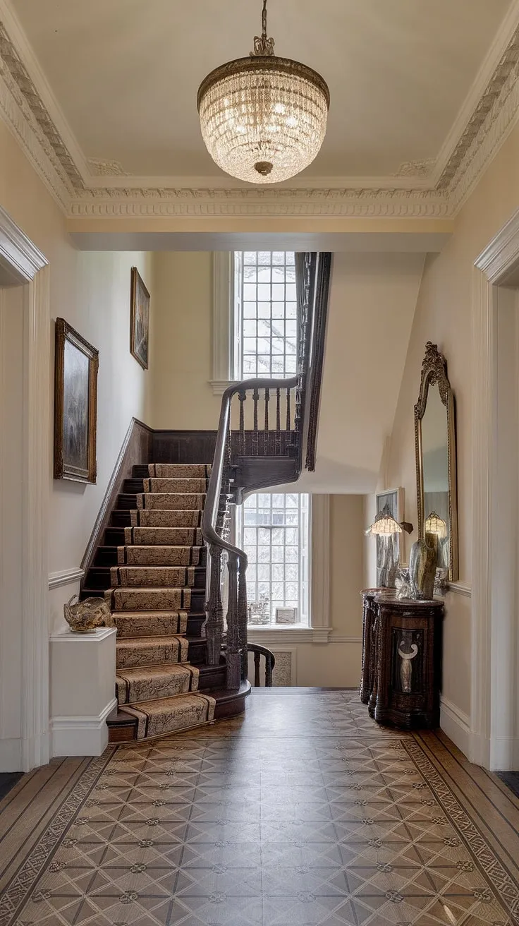 A symphony of Victorian elegance unfolds in this hallway. From the ornate staircase and high ceilings to the detailed floor and the glimmering chandelier, every element speaks of a bygone era of refined taste. A perfect example of architectural artistry, this space is a captivating journey into the past. A truly unforgettable sight.