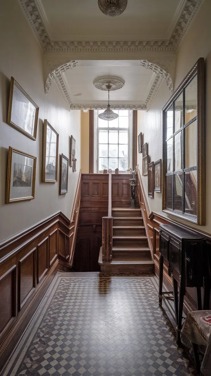 Step into a world of timeless elegance, where intricate woodwork whispers tales of bygone eras and sunlight dances through the stained-glass window, illuminating the richly patterned floor and the grandeur of the Victorian hallway. A testament to craftsmanship, a sanctuary of history, a breathtaking scene.