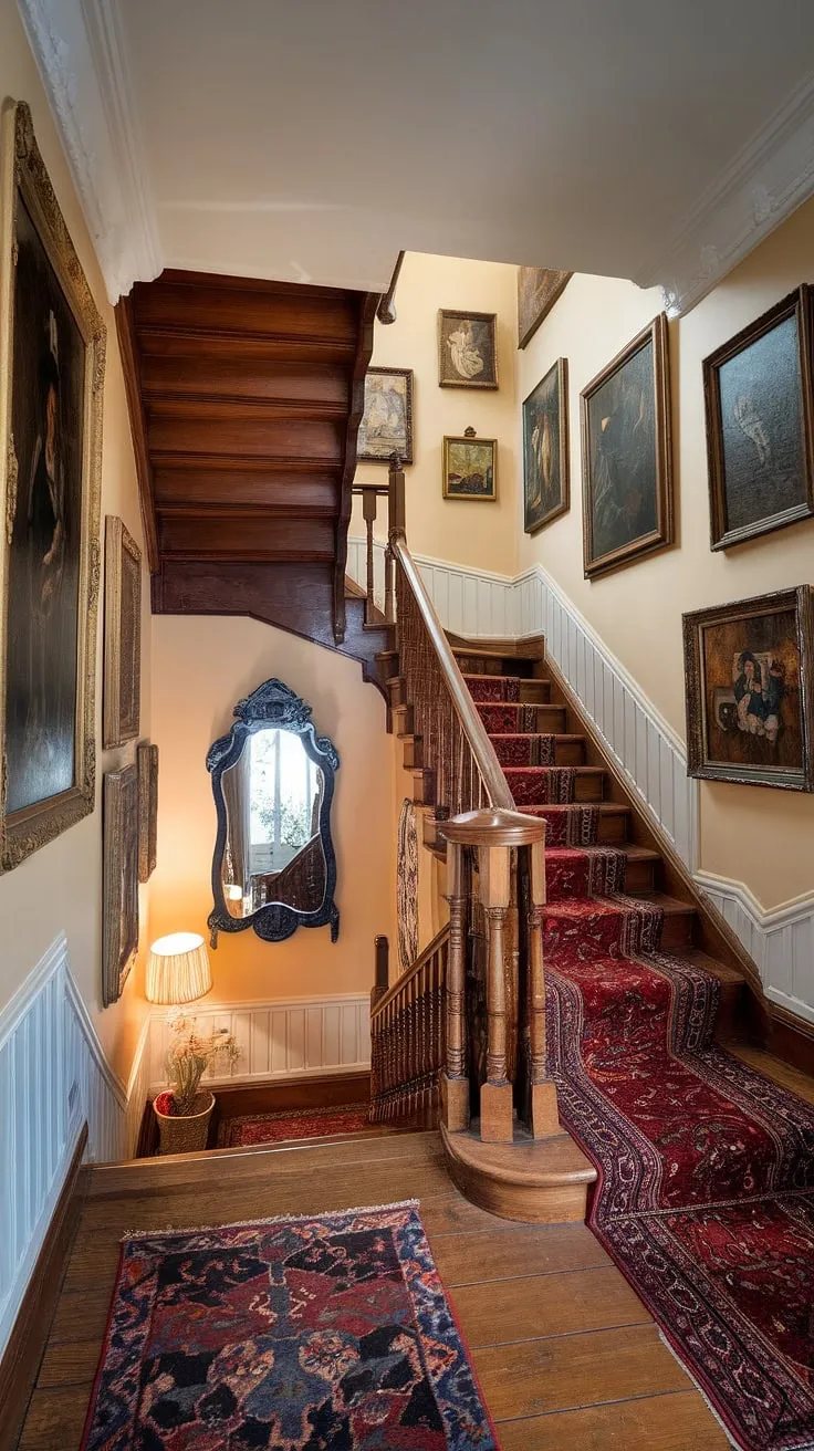 Step back in time in this elegant Victorian hallway. The rich wood of the staircase, the antique paintings, and the soft glow of the lamp create an atmosphere of classic charm and understated luxury. A testament to enduring style, this space whispers stories of generations past. A truly captivating scene, filled with history and grace.