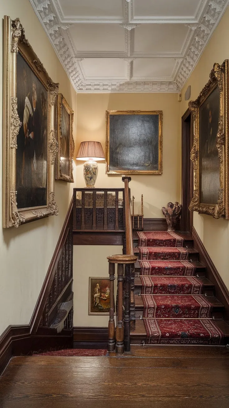 A glimpse into a world of refined elegance. This Victorian terrace hallway, with its majestic staircase and richly adorned walls, evokes a sense of timeless beauty. The soft glow of the lamp on the landing casts a warm light, highlighting the intricate details of the gold frames and the dark wood floors. A perfect example of architectural splendor.