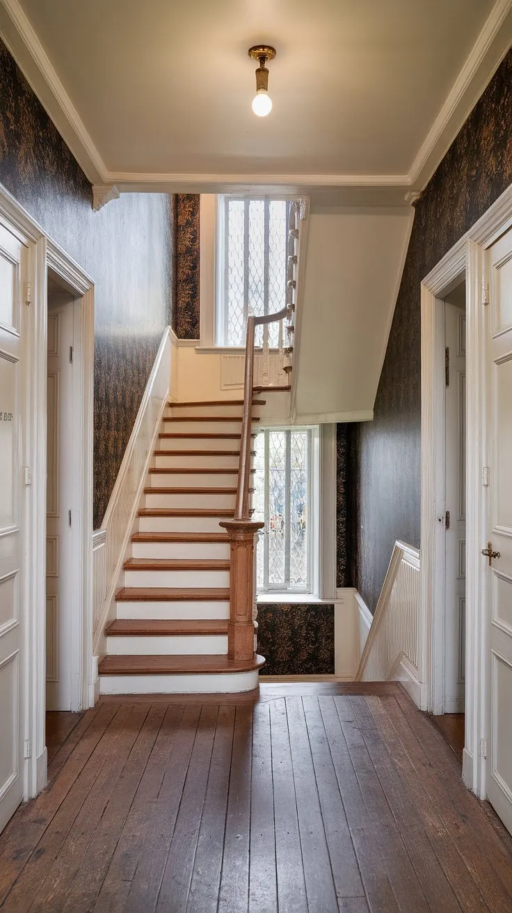 Step back in time as you ascend this grand Victorian staircase, its elegant banister a testament to a bygone era. The richly patterned walls and high ceilings whisper tales of generations past, each door holding a secret within this timeless hallway. A sense of history permeates every inch of this space, a captivating glimpse into a world of refined elegance.