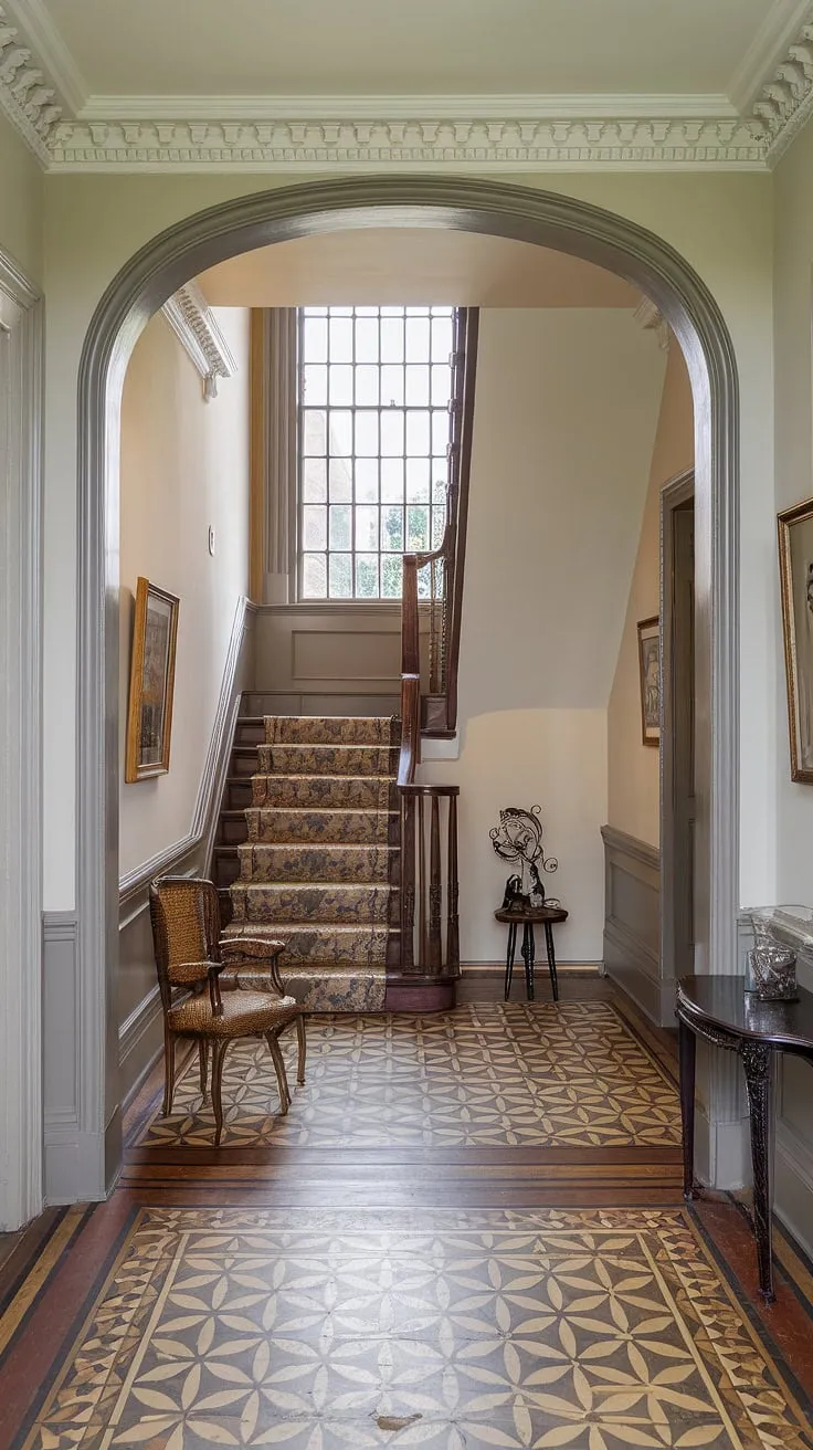 A captivating glimpse into a Victorian hallway, where sunlight streams through the landing window, illuminating the rich detail of the patterned floor and decorative trim. A quiet elegance pervades, a sanctuary of calm amidst the bustle of modern life. A truly timeless space.